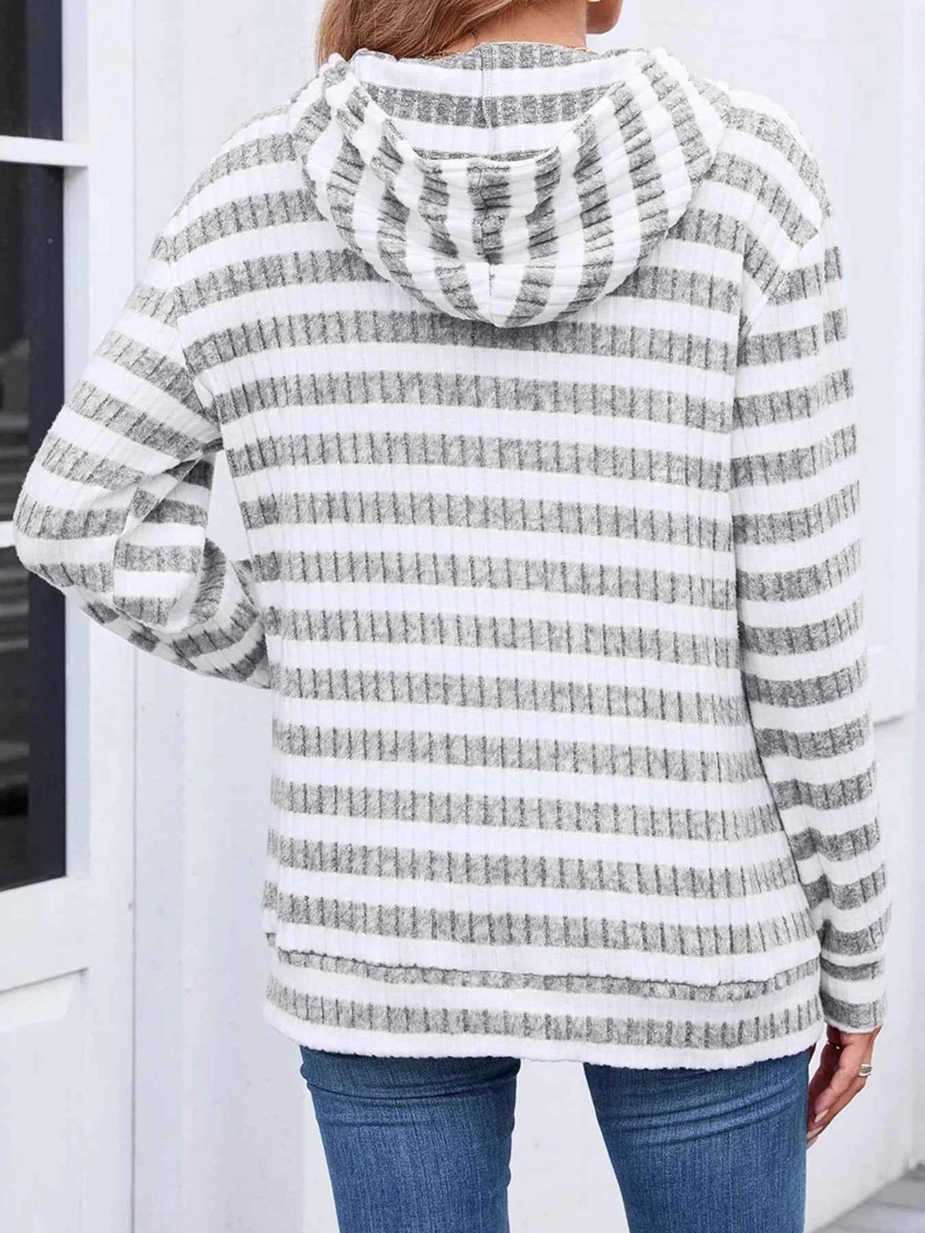 Striped Ribbed Knit Hoodie with Kangaroo Pocket