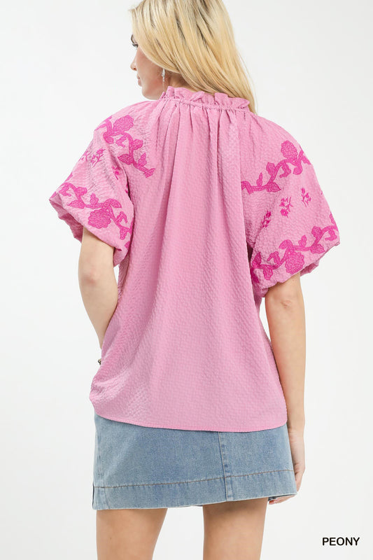 Embroidered Textured Flutter Sleeve Top 7a7f0068-b5e3-466d-aeab-bdf7cbce311a-Max