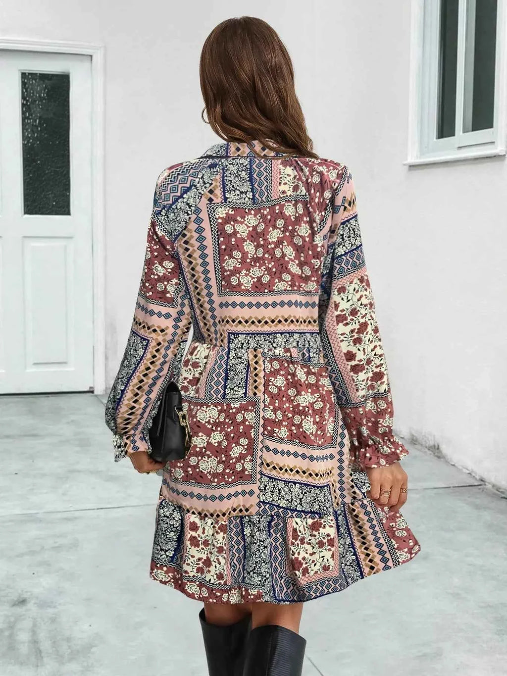 Boho Floral Print Long Sleeve Mini Dress 7a810a9d-b67c-4bd0-9f08-749517ff3efc-Max-Origin