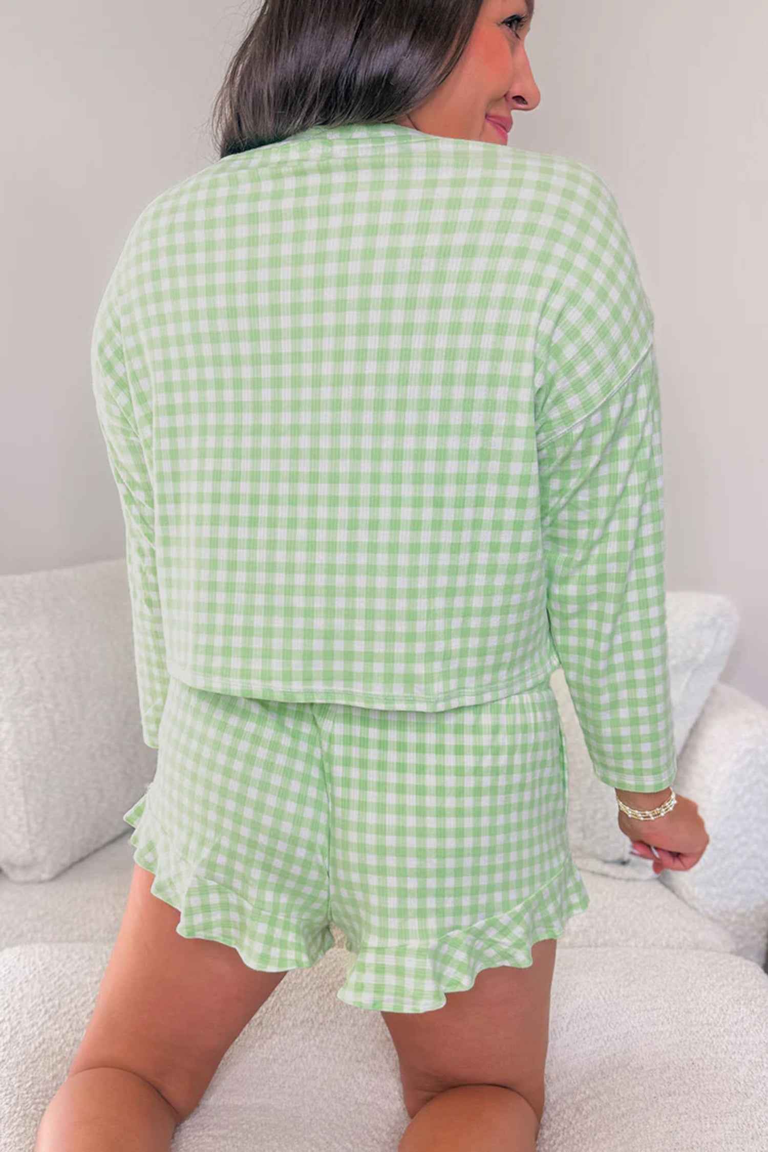 Green Gingham Long Sleeve Loose Top Drawstring Shorts 2pcs Lounge Set 7a81caa1d47b157c