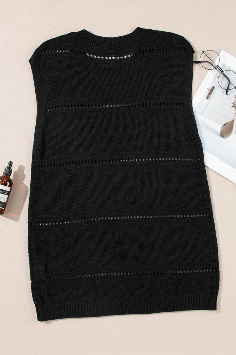 Black Solid Color Knit Pointelle Detail Loose Sweater Vest 7a82124265e90333