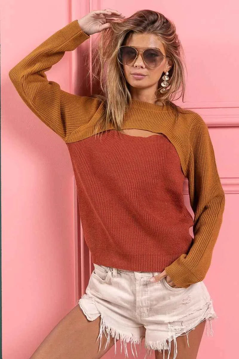 BiBi Color Block Sweater Knit Top With Cut Out Neck 7a850f502e8d46dd9fc1e29b76a9bd1f-Max-Origin