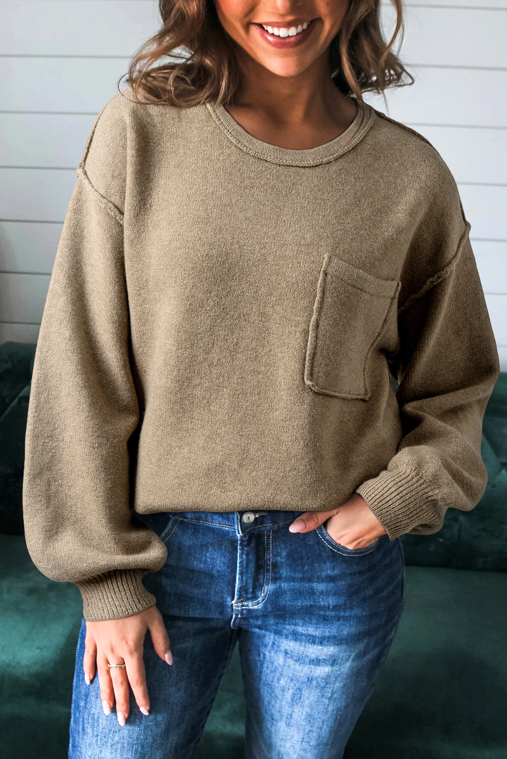 Dark Khaki Pocket Pullover Sweater 7a869f3a980de9ef