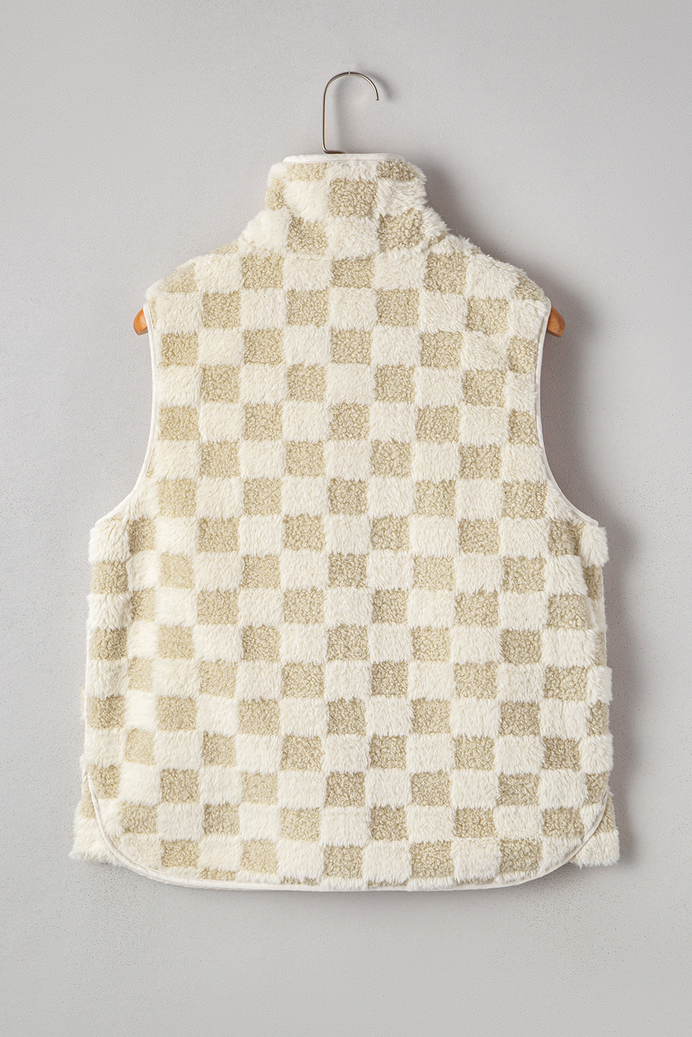 Khaki Sherpa Checkerboard Snap Button Vest Jacket 7a86bfa8e14dc2b8