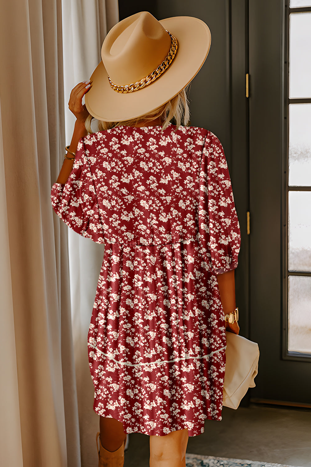 Yellow Floral Print Contrast Trim Button Tie Neck Swing Dress 7a8f756edd23cd3b