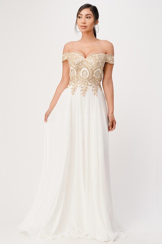 Off Shoulder Evening Gown – Gold Lace Appliqué Chiffon Dress for Women White 7a98137d-de7e-428a-abc3-77275c00e59f