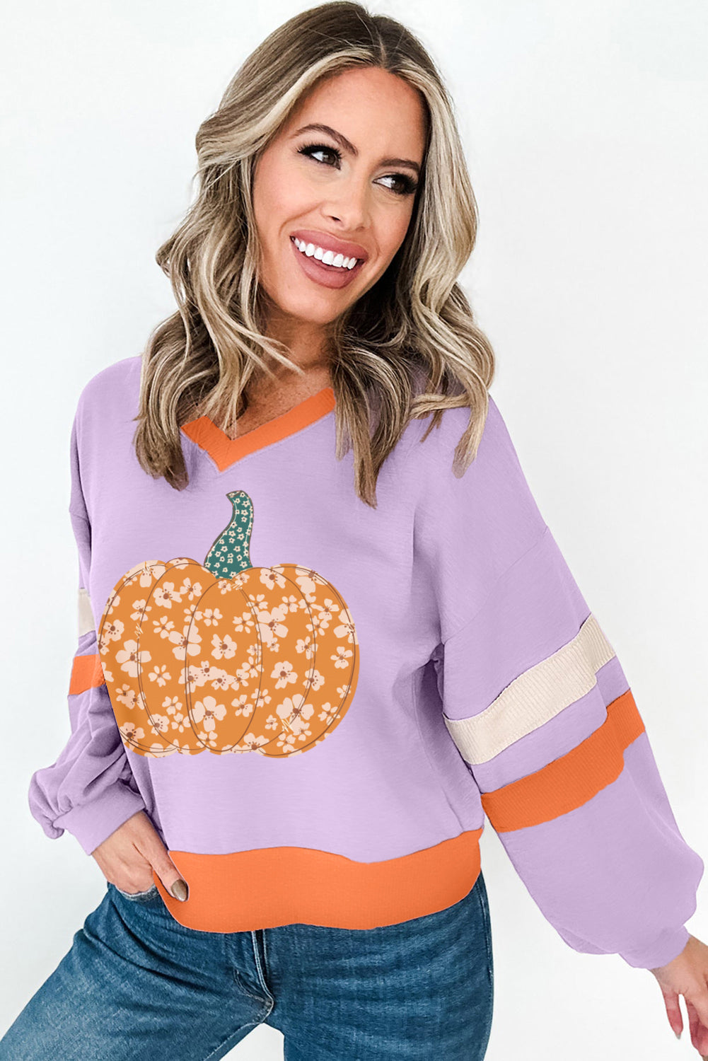 Orchid Bouquet Floral Pumpkin Graphic Color Block Sleeve Sweatshirt 7a9c0605bf1d0c25