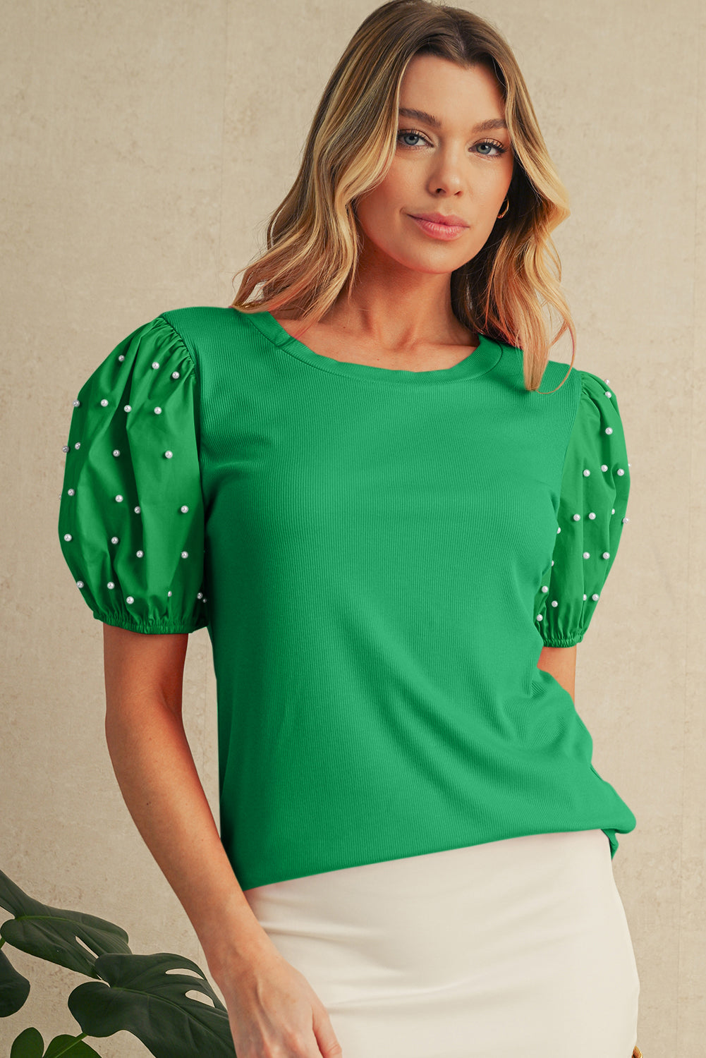 Bright Pink Pearl Beaded Puff Sleeve Ribbed Top Bright Green 93%Viscose+7%Elastane 7a9d459f7dfd87dc