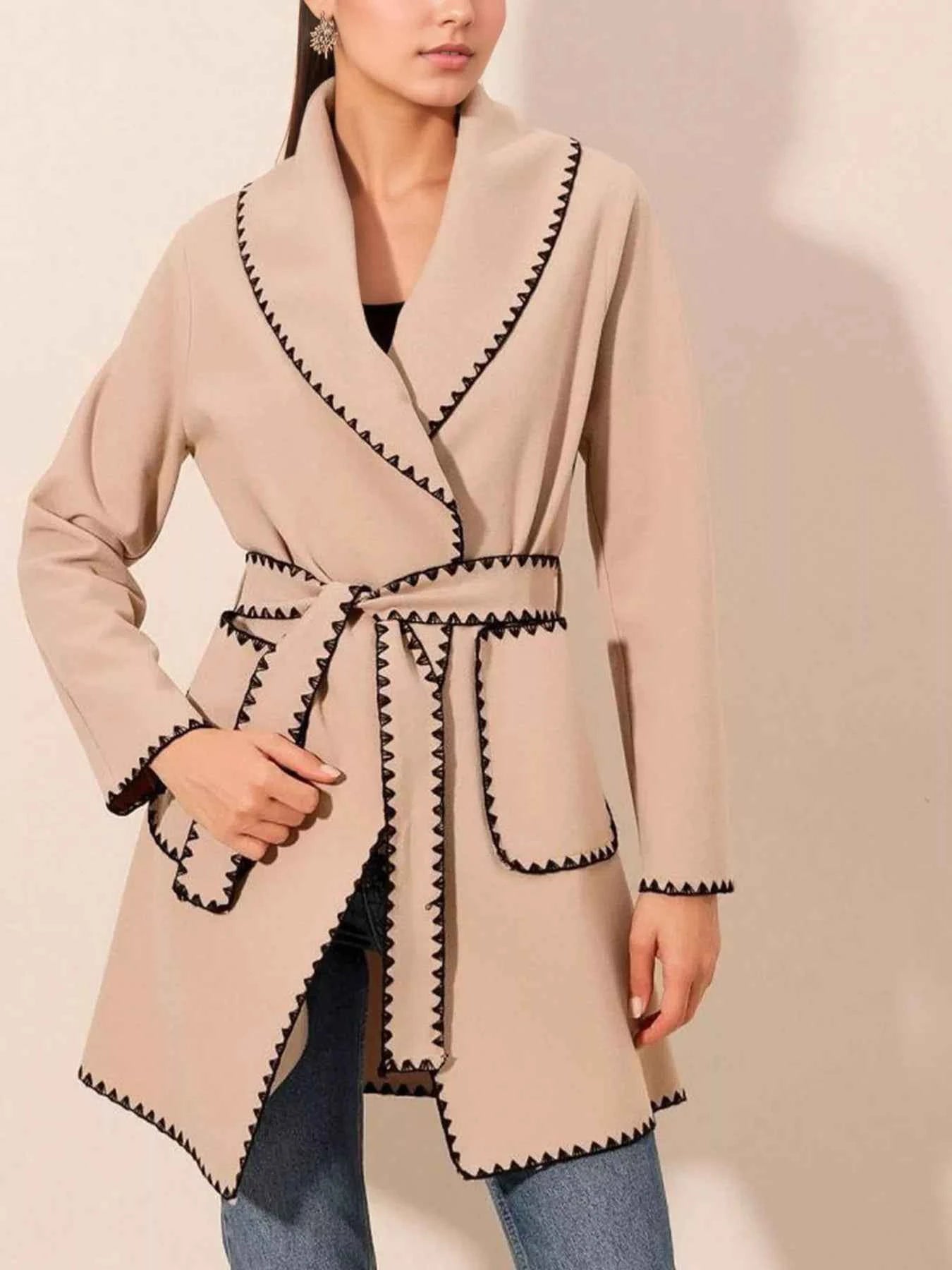 Contrast Trim Tie Waist Outerwear Dust Storm 7a9fc8adba164fae8186bf4fafca9816-Max-Origin