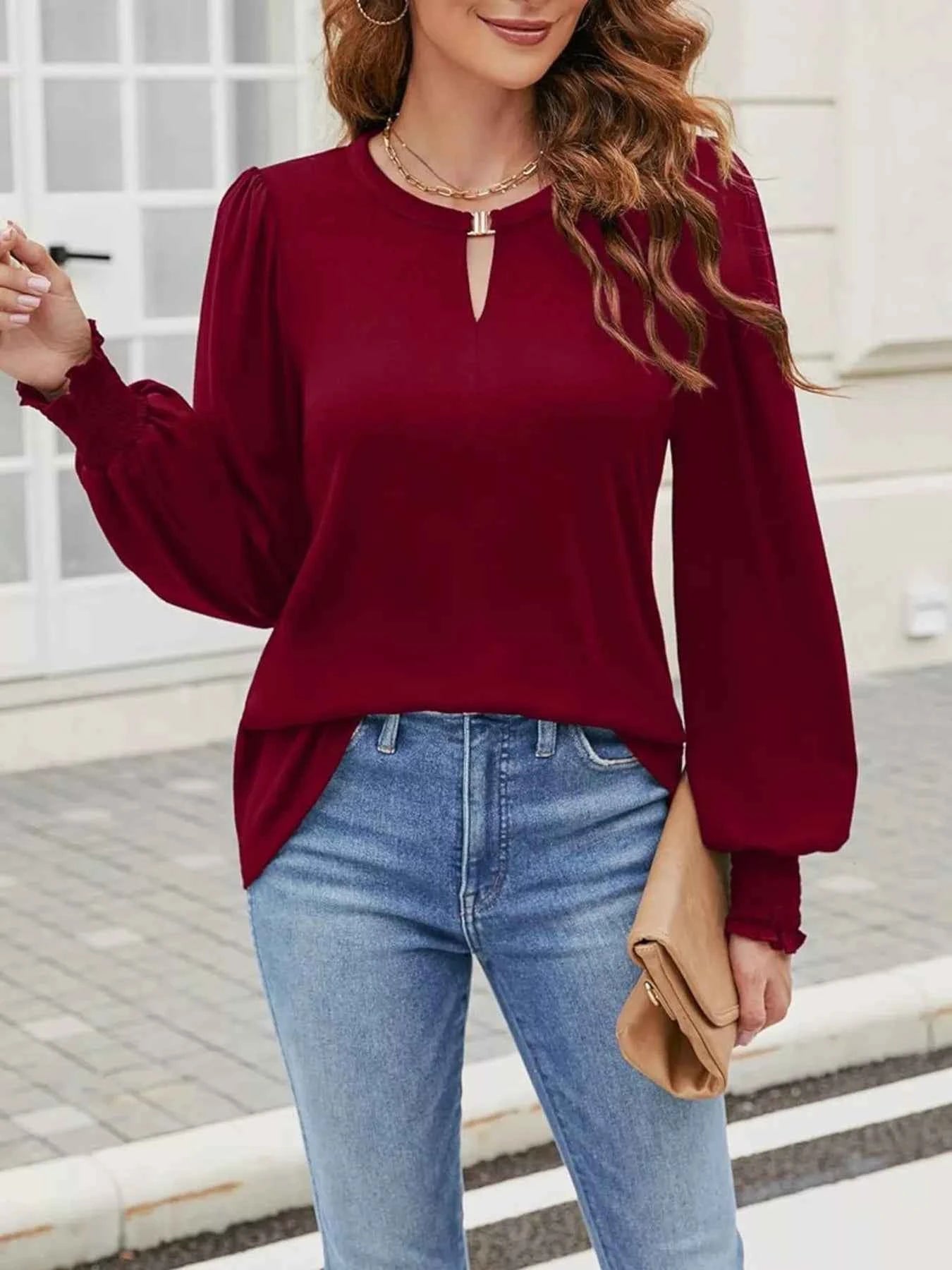 Long Sleeve Keyhole Neck Blouse Wine Red 7aa60f9ac5f8481f987e8d90a4d38e62-Max-Origin