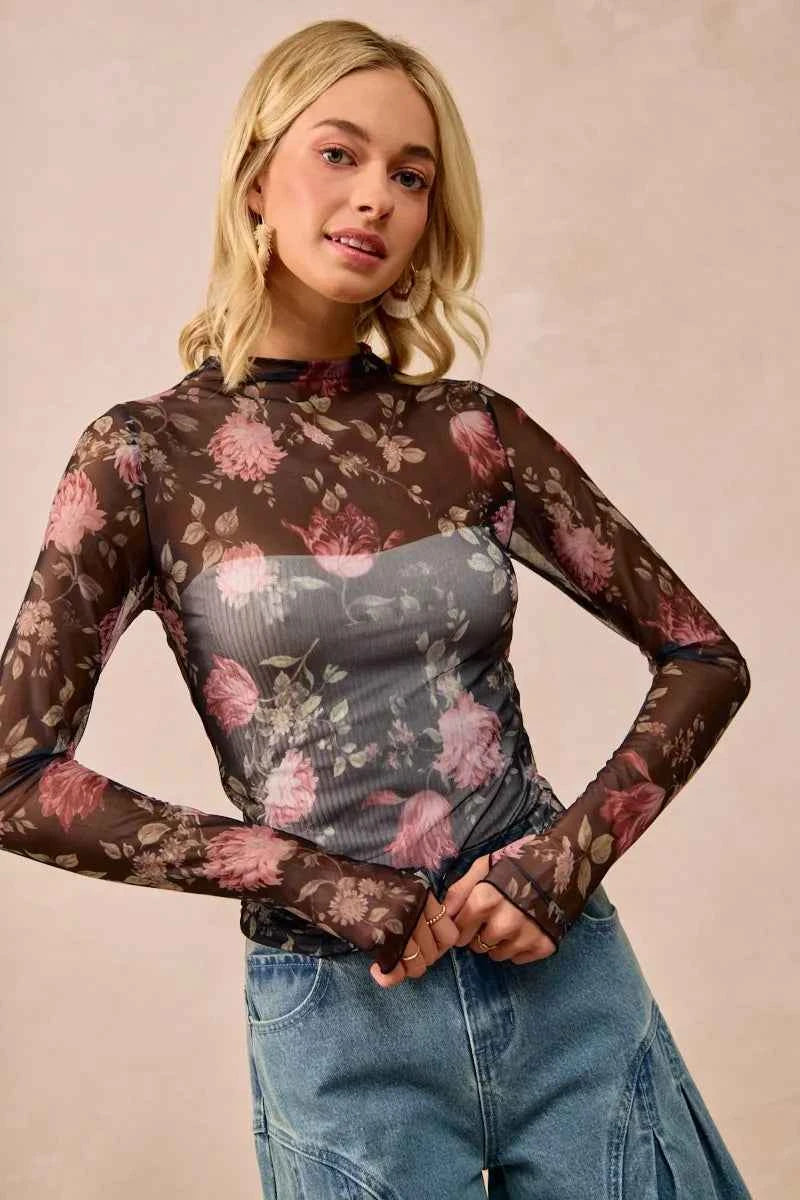 BiBi Flower Printed Mesh Lace Top with Thumb Opening 7aa7ddab193e4efb97088079ba3db148-Max-Origin