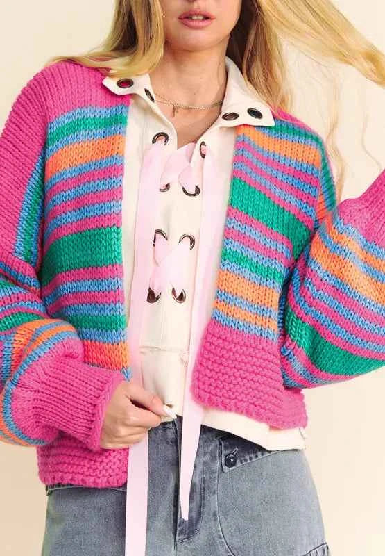 Contrast Striped Open Front Long Sleeve Cardigan Pink 7ab4f639-4957-4b17-87d8-4833ac6f1723-Max