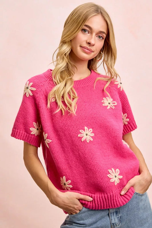 Flower Embroidered Short Sleeves Knit Top 7ab8654e-33c0-4592-a0a6-c95a6f115110-Max-Origin