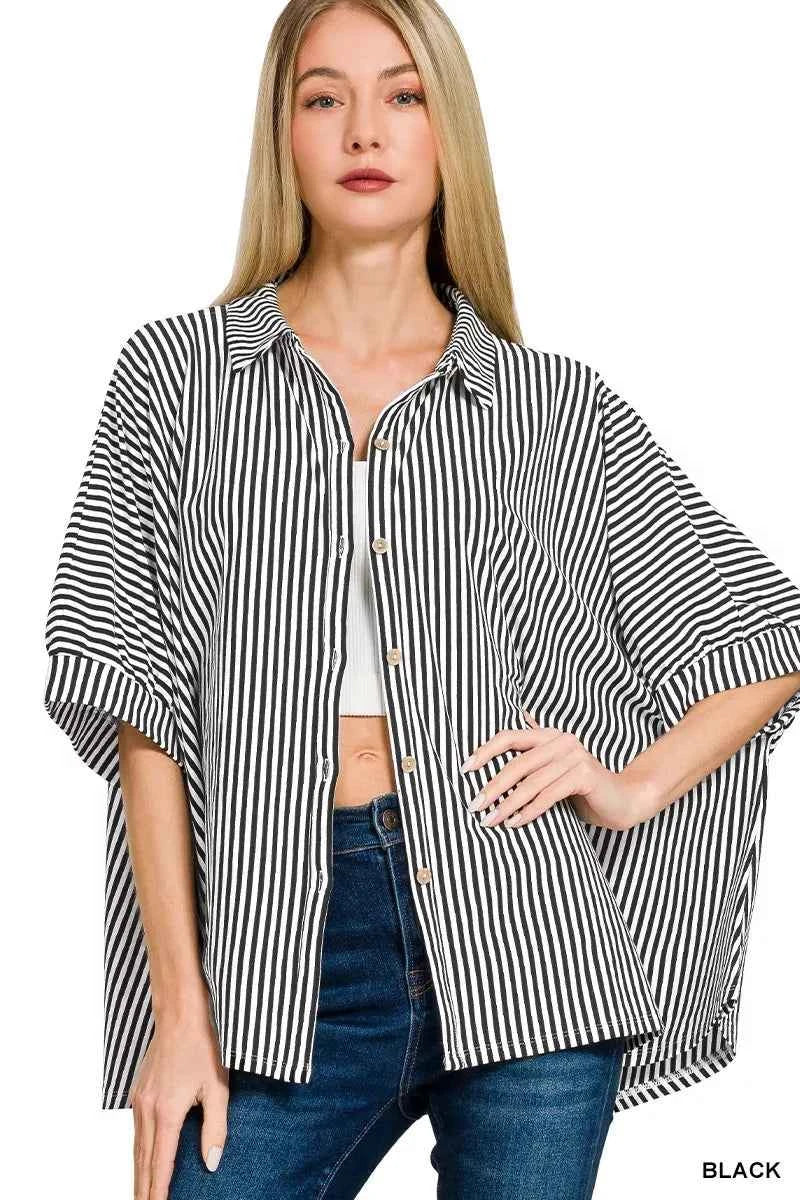 Zenana Oversized Stripe Button Down Shirt BLACK 7ab9fca108524c54b9b379824f1a9989-Max-Origin