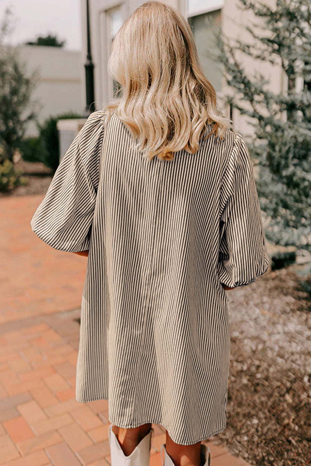 Green Stripe Color Block Patchwork Shirt Collar Button Down Puff Sleeve Mini Dress 7ac0148f797bf468