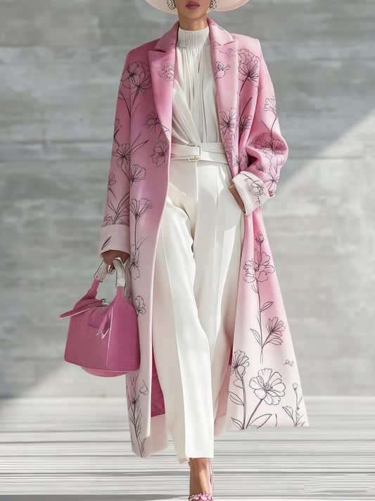 Women's Loose-fitting Long Gradient Coat With Lapel Pink print 7ac24728-a8cb-4710-b9af-70849dbd3d2d
