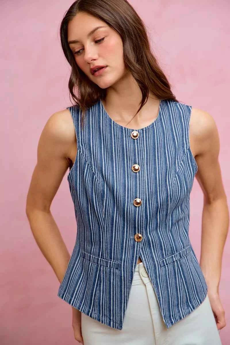 SO ME Stripe Slim Fit Button Front Denim Vest Top 7ac27cb8b4994b3a83ef5bff1d4517b9-Max-Origin
