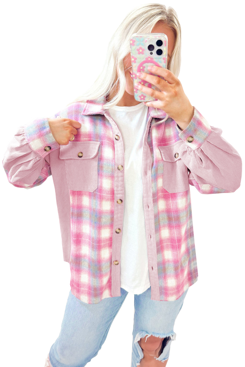 Pink Brushed Plaid Corduroy Flap Pockets Patchwork Shacket Pink 100%Polyester 7ac4233287a46d46