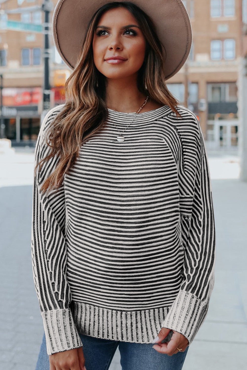 Black Striped Print Ribbed Knit Raglan Sleeve Baggy Sweater 7ac839cc39f144e3