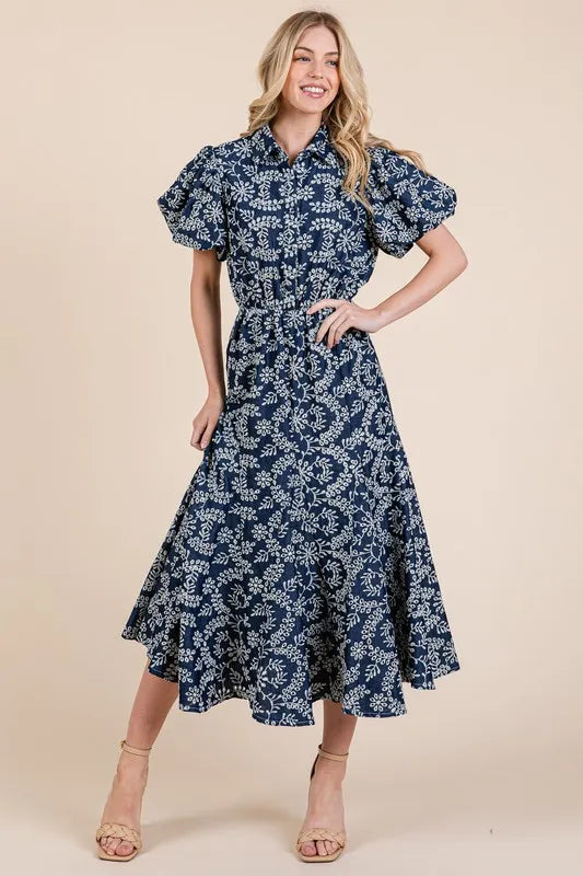 Natural Leaf Pattern Eyelet Lace Puff Sleeve Dress 7acc3039-fd88-4711-8248-a81f14490f25-Max