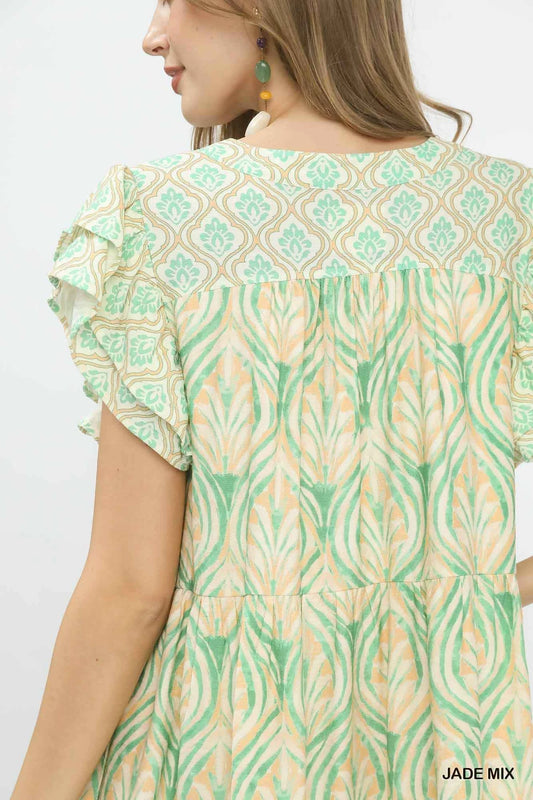 Mix Printed Flutter Sleeve Dress 7ad1e86b-34e7-4b2f-9eeb-7e8364bcb86a-Max