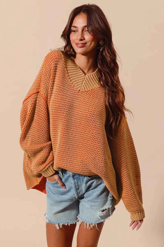 Oversized Two Tone Textured V Neck Sweater 7ad3be1ef7224e6e921b6d76af828a2e-Max-Origin
