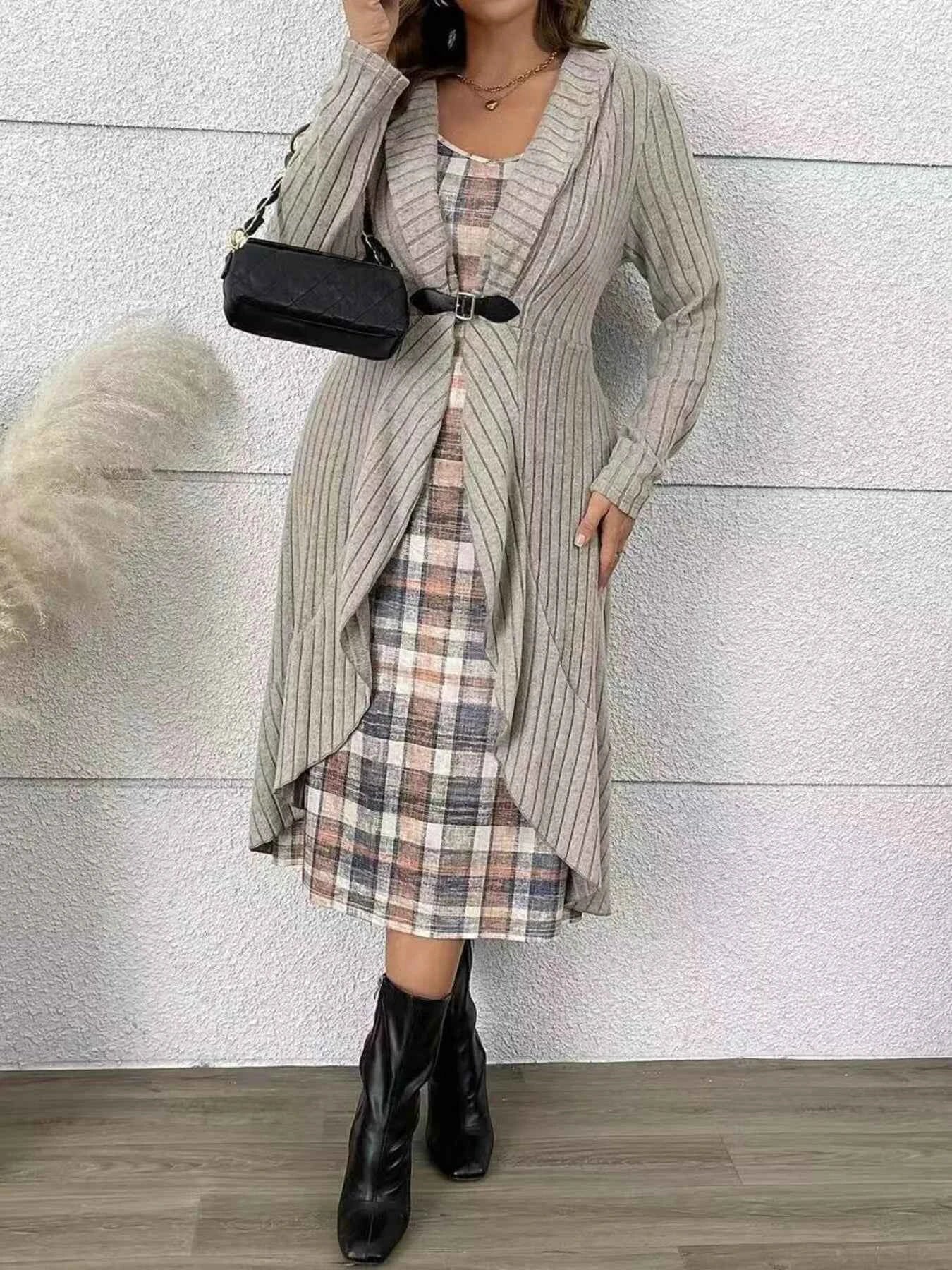 Plaid Cami Dress and Ribbed Cardigan Set Khaki 7ad3dc0ecbcb485ca197d9f97a200dc2-Max-Origin