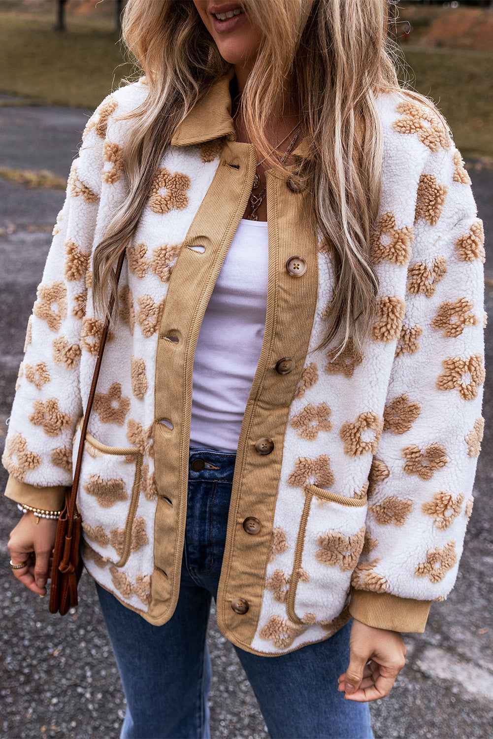 Light French Beige Cute Flower Pattern Button Up Fleece Jacket Light French Beige 100%Polyester 7ad4b323d986e520