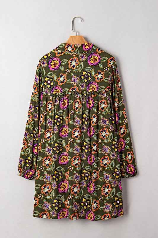 Floral Split Neck Bubble Sleeve Shift Mini Dress 7ad5a3ef-89ba-4144-b51e-b6dd46f0c04d