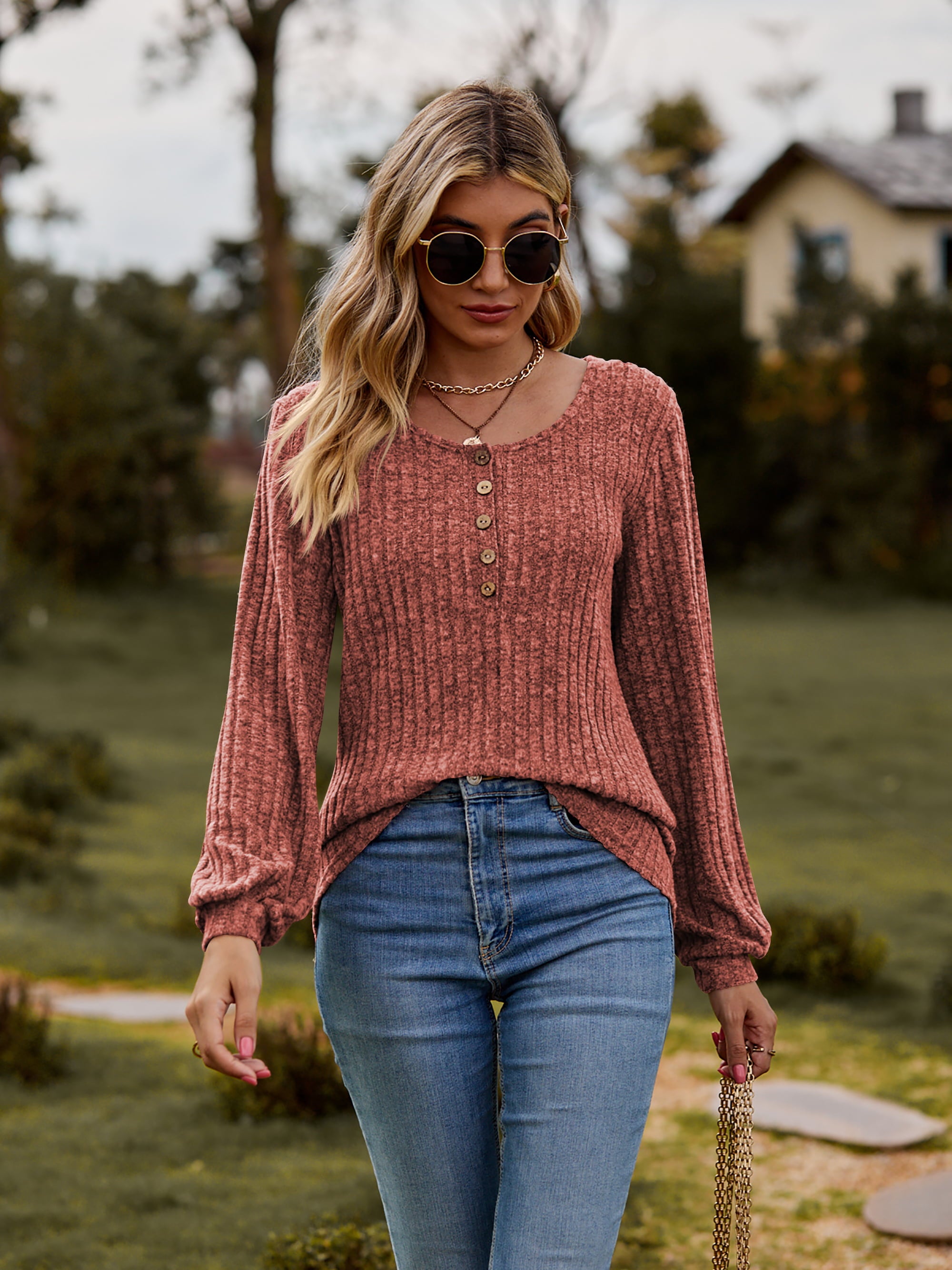 Round Neck Button-Down Long Sleeve Tee Rust 7ad661845a9c4ca4a6c994a47539625d-Max