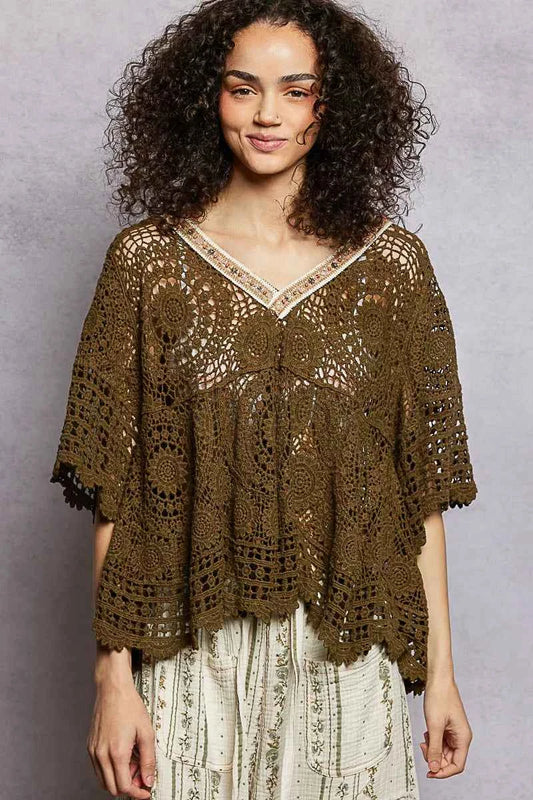 POL V-Neck Crochet Top with Scalloped Hem OLIVE One Size 7ad67d5d-2f25-4b51-86d6-10745afa8cb6-Max-Origin