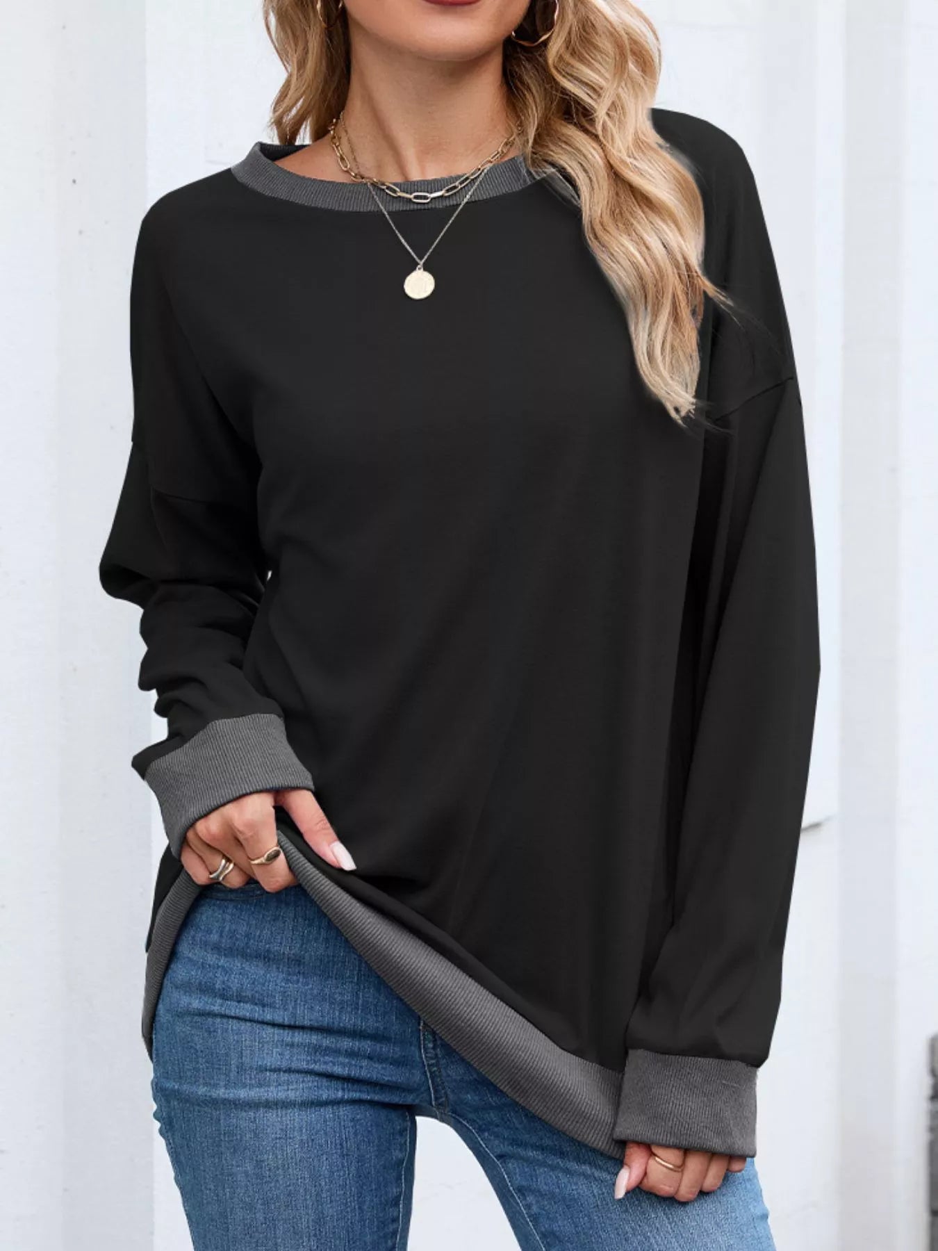 Contrast Trim Long Sleeve Sweatshirt Taupe 7adba95d-78eb-4f34-a83b-2a224c2f15b7-Max-Origin