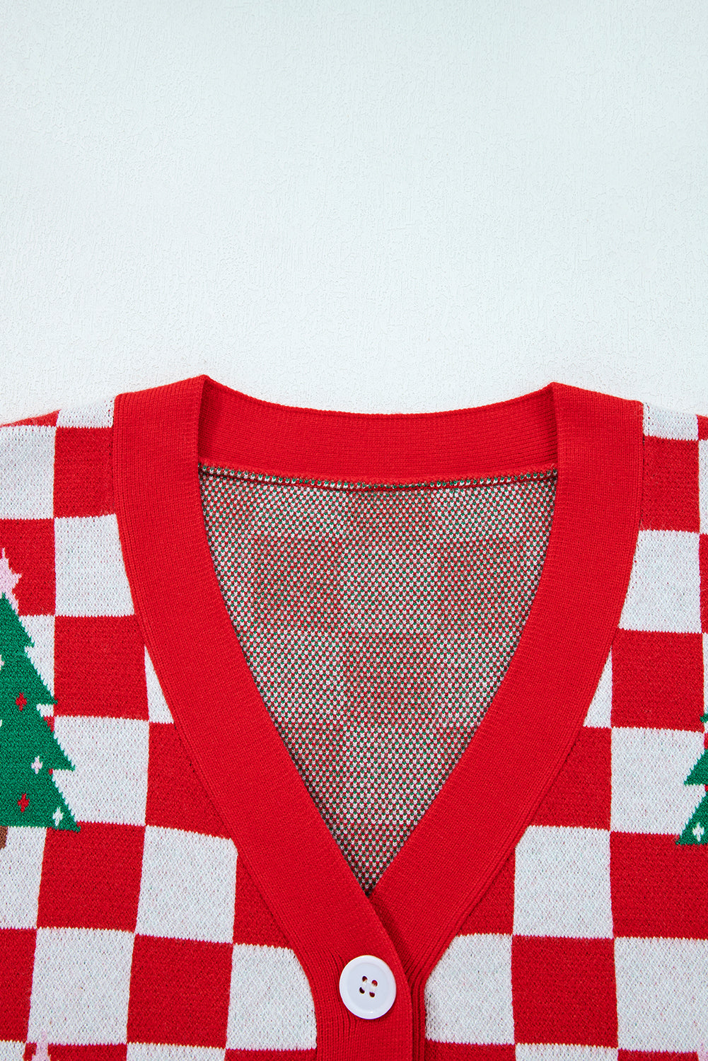Red Checkered Christmas Tree Pattern Button V Neck Knit Cardigan 7ae0aa1f5a7c88ad