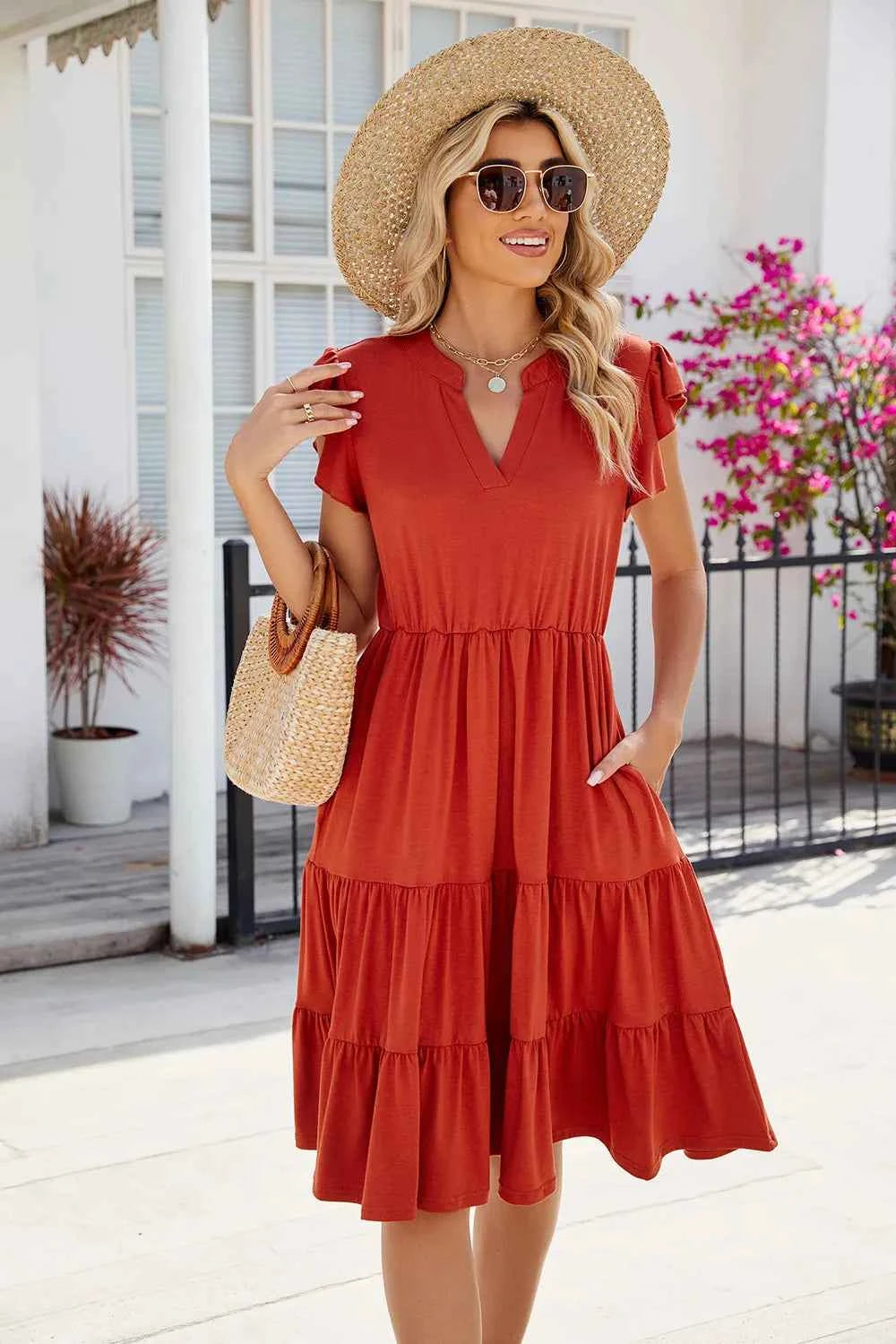 Ruched Notched Cap Sleeve Dress Orange-Red 7ae3647b-c4a1-47dd-8f6c-7273d6f9c821-Max