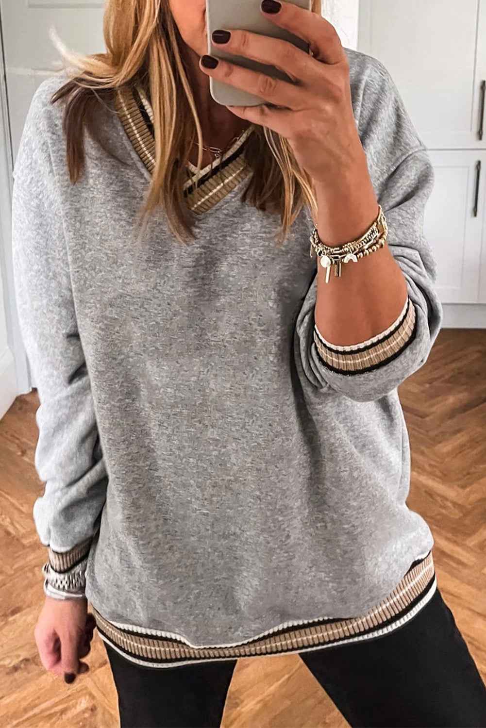 Parchment Varsity Contrast Trim V Neck Sweatshirt Gray 65%Polyester+35%Cotton 7ae392efe673f18d