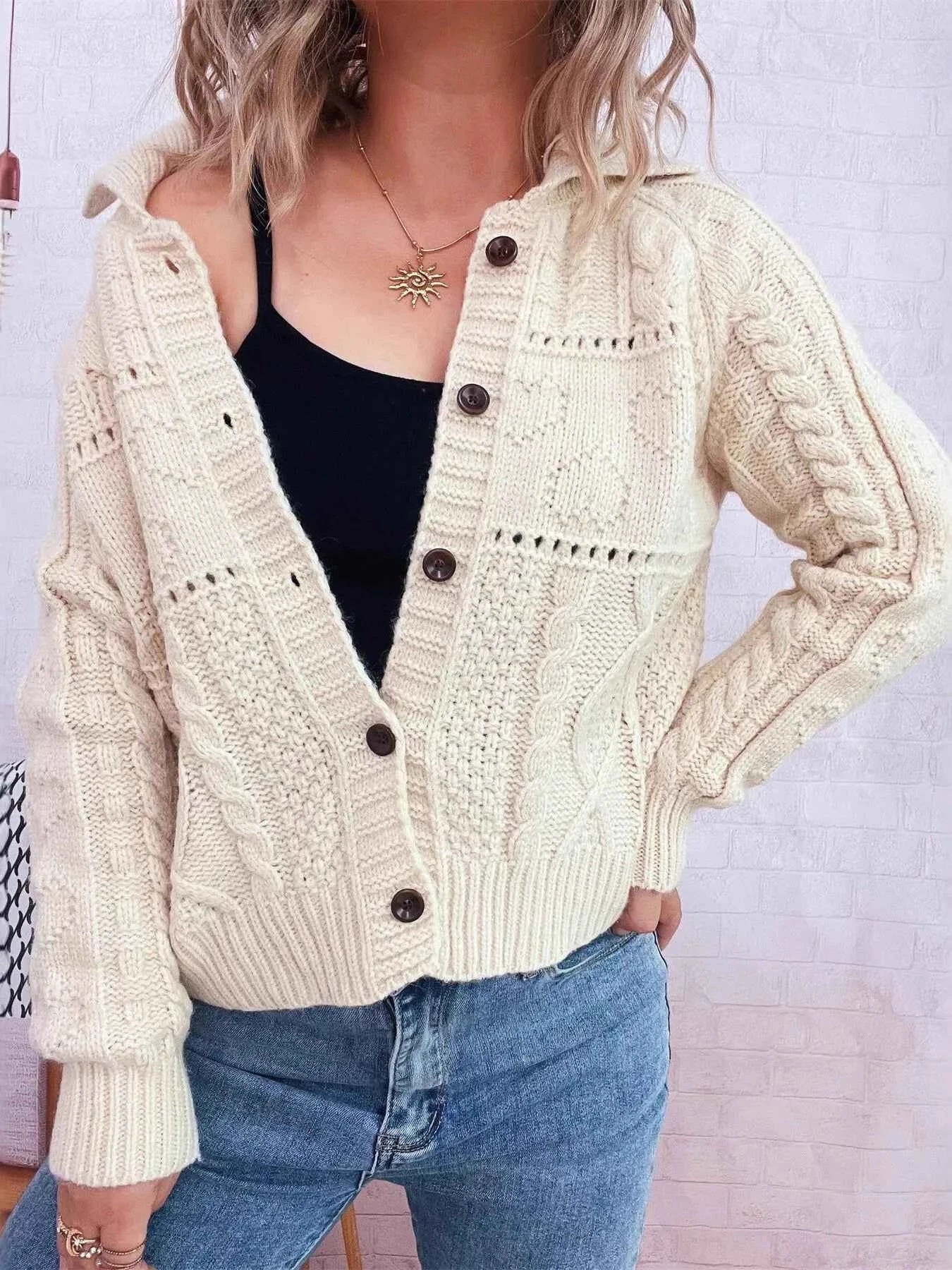 Openwork Cable Knit Button-Up Cardigan Apricot One Size 7ae4238b57514d728a688dfdee5e48ad-Max-Origin