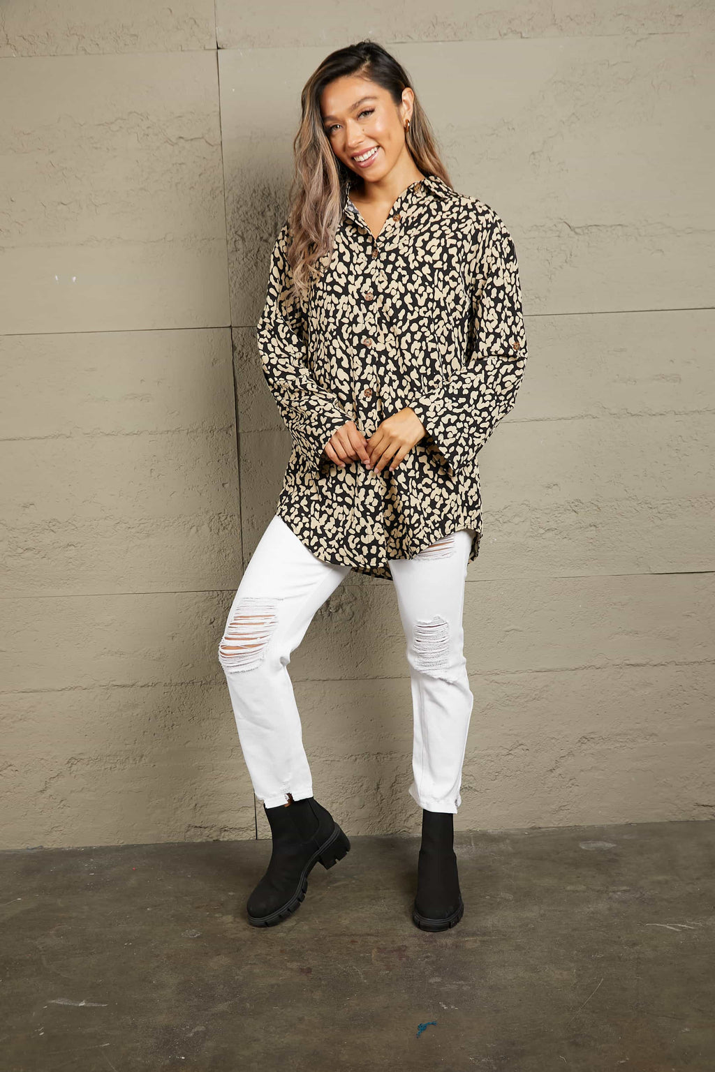 Ivy Lane Leopard Roll-Tap Sleeve Shirt 7ae5718f4d22465fbcd38928573679c4-Max