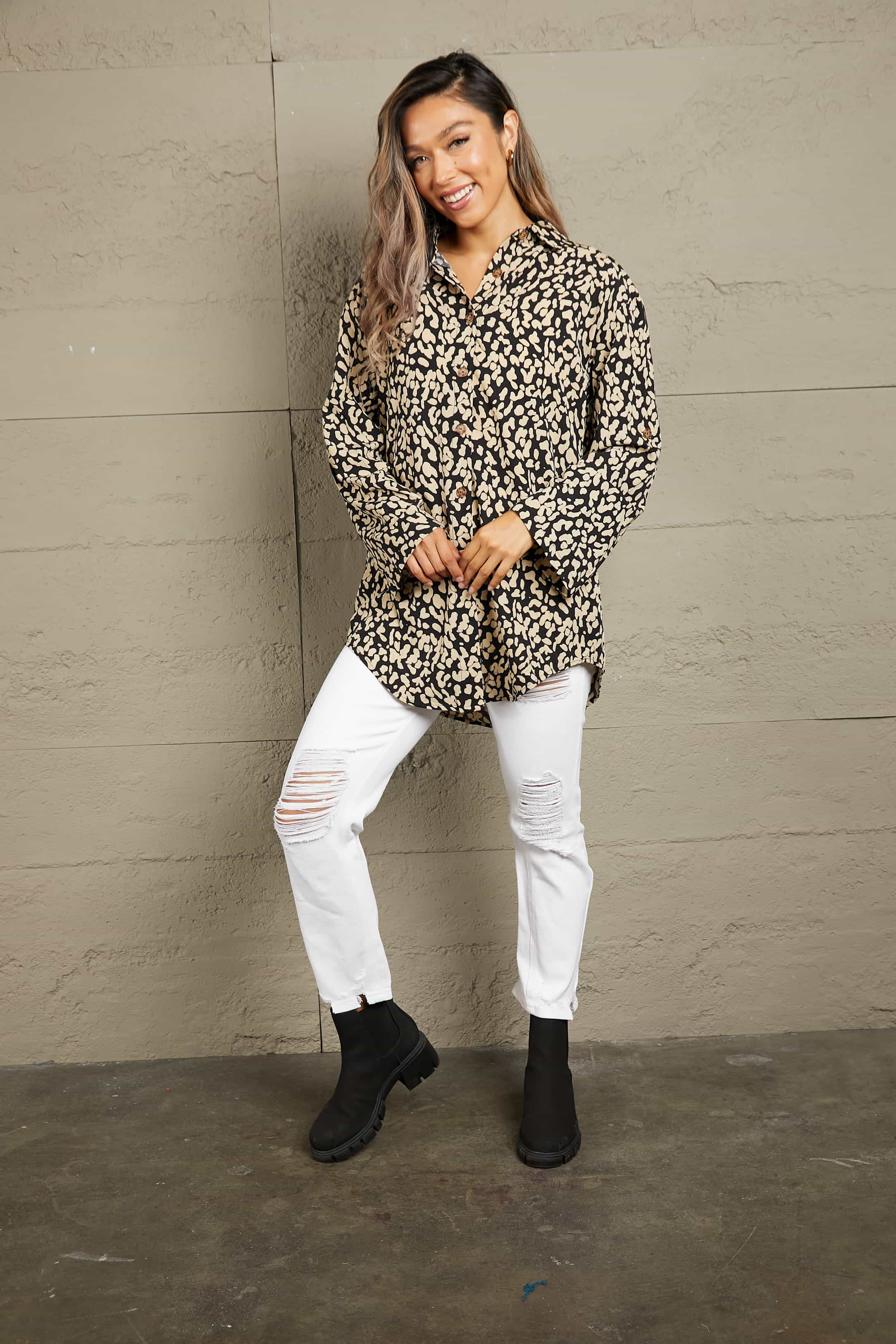 Ivy Lane Leopard Roll-Tap Sleeve Shirt 7ae5718f4d22465fbcd38928573679c4-Max