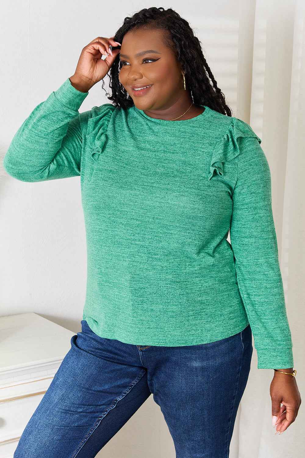 Double Take Ruffle Shoulder Long Sleeve T-Shirt 7ae68401ce82492ebf651c66eaa65eb5-Max
