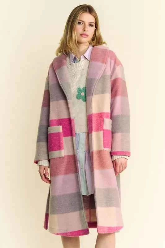 Davi & Dani Tied Color Block Collared Neck Coat Hot Pink Multicolor 7aeb9816-f5af-46b2-bf34-cec07fa6def3-Max