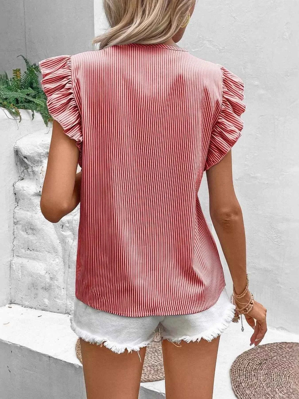 Striped Ruffle Sleeve Tie Front Blouse 7aebbb362a864250b2ae14c4fe655262-Max-Origin