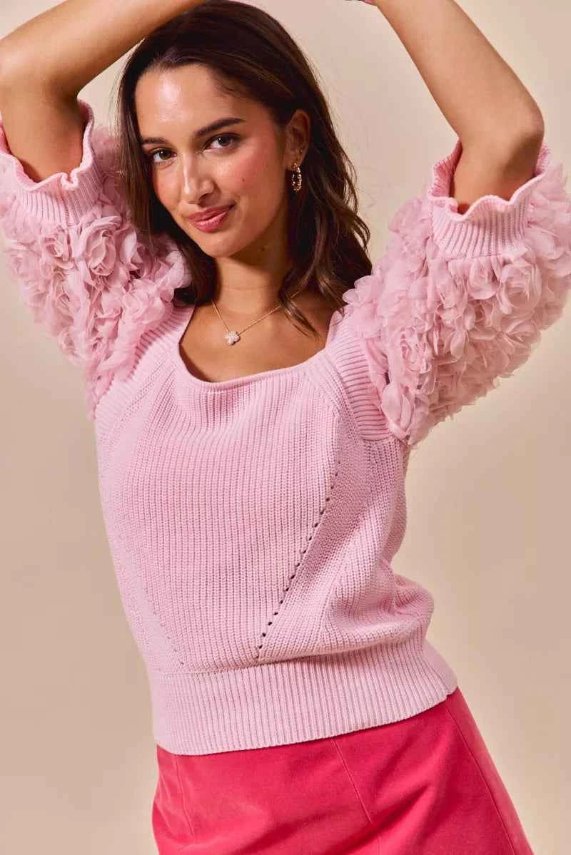 SO ME Rosette Sleeves Square Neck Sweater Knit Top 7af35592-5abf-47a2-9106-9f0f26344fa1-Max-Origin