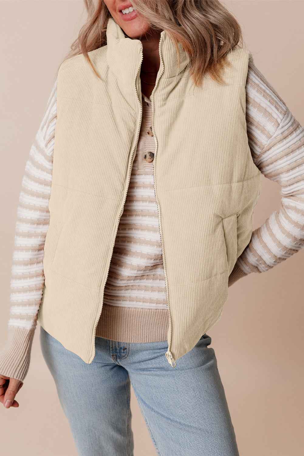 Coffee Solid Color Corduroy Puffer Vest Coat Beige 100%Polyester 7af5e9819d683c44