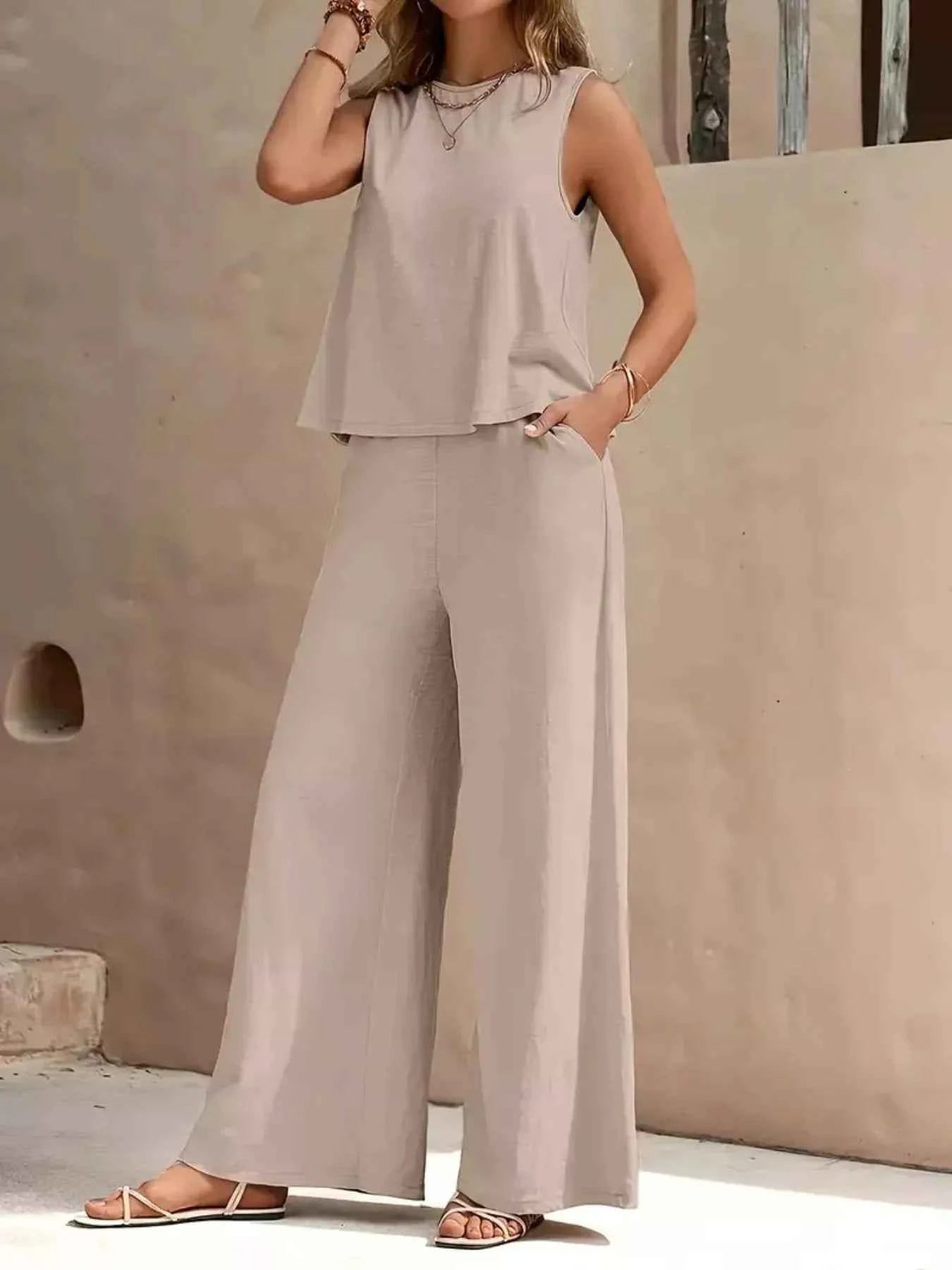 Sleeveless Top and Wide Leg Pants Set Khaki 7af89ed0-e1e2-496f-a2af-9a8d9900c5e5-Max-Origin
