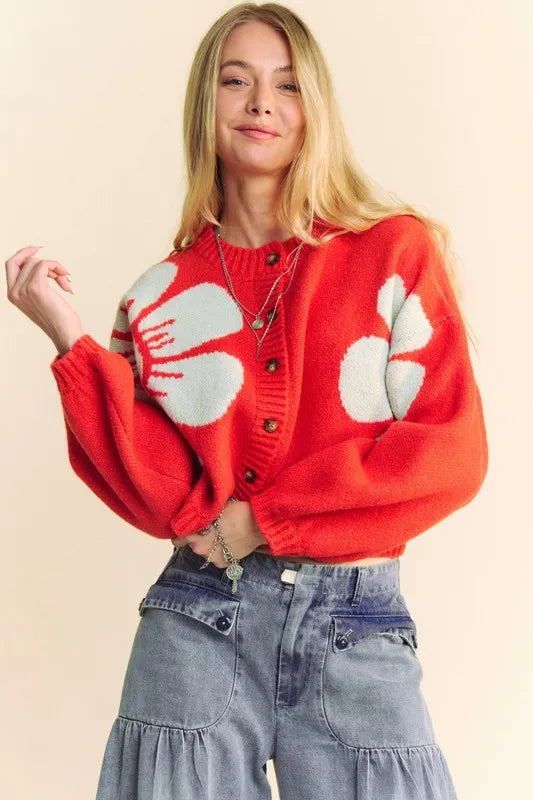 Davi & Dani Flower Contrast Round Neck Long Sleeve Cardigan 7afcd633-0d29-472e-bf87-1b694d71f5fd-Max
