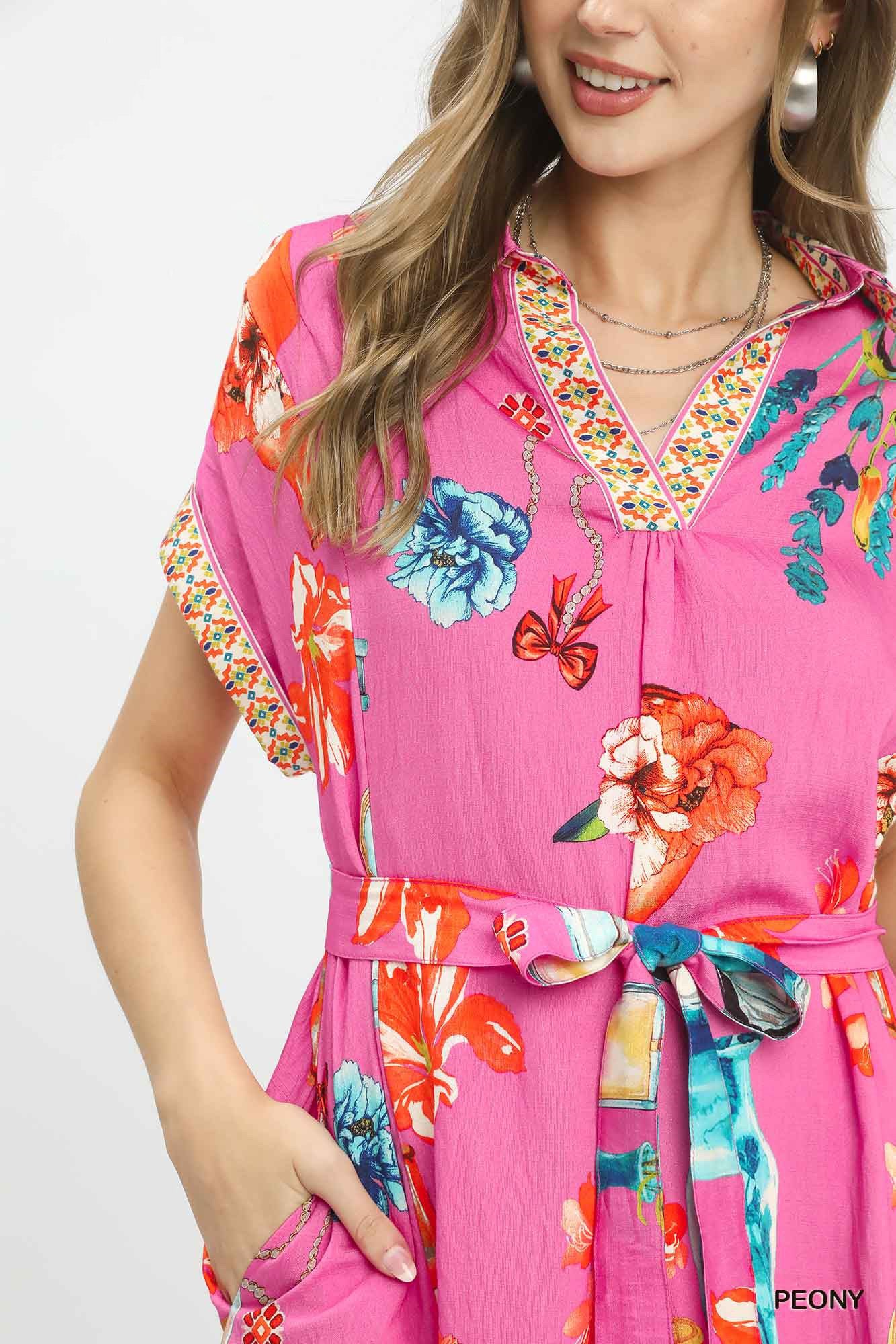 Umgee Floral Print Mini Dress with Belt 7aff1b9a-4972-4b21-821f-97da01762a07-Max