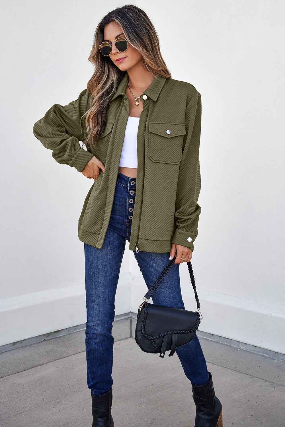 Blackish Green Solid Color Zip Up Button Flap Pocket Shirt Collar Jackets 7b025c5713439674