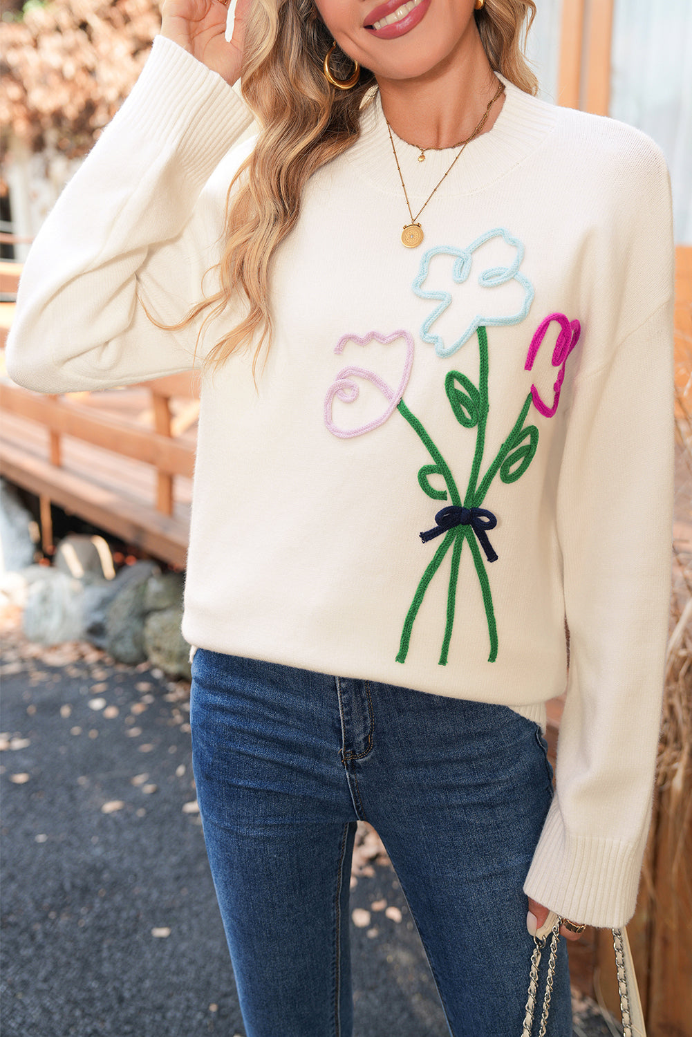 White Floral Embroidered Drop Sleeve Knit Sweater White 52%Viscose+26%Polyester+22%Polyamide 7b0629d46f16a0e4