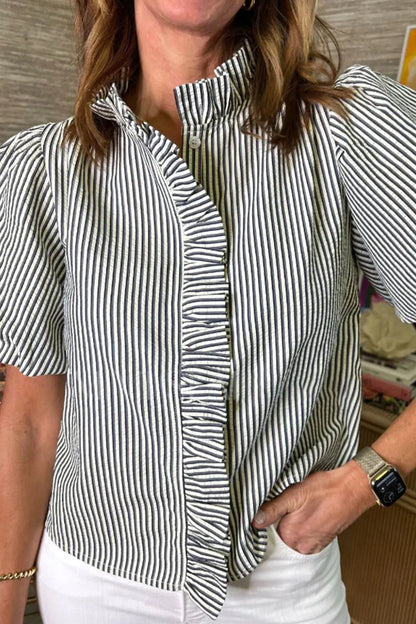 Striped Ruffle Short Bubble Sleeve Shirt Black