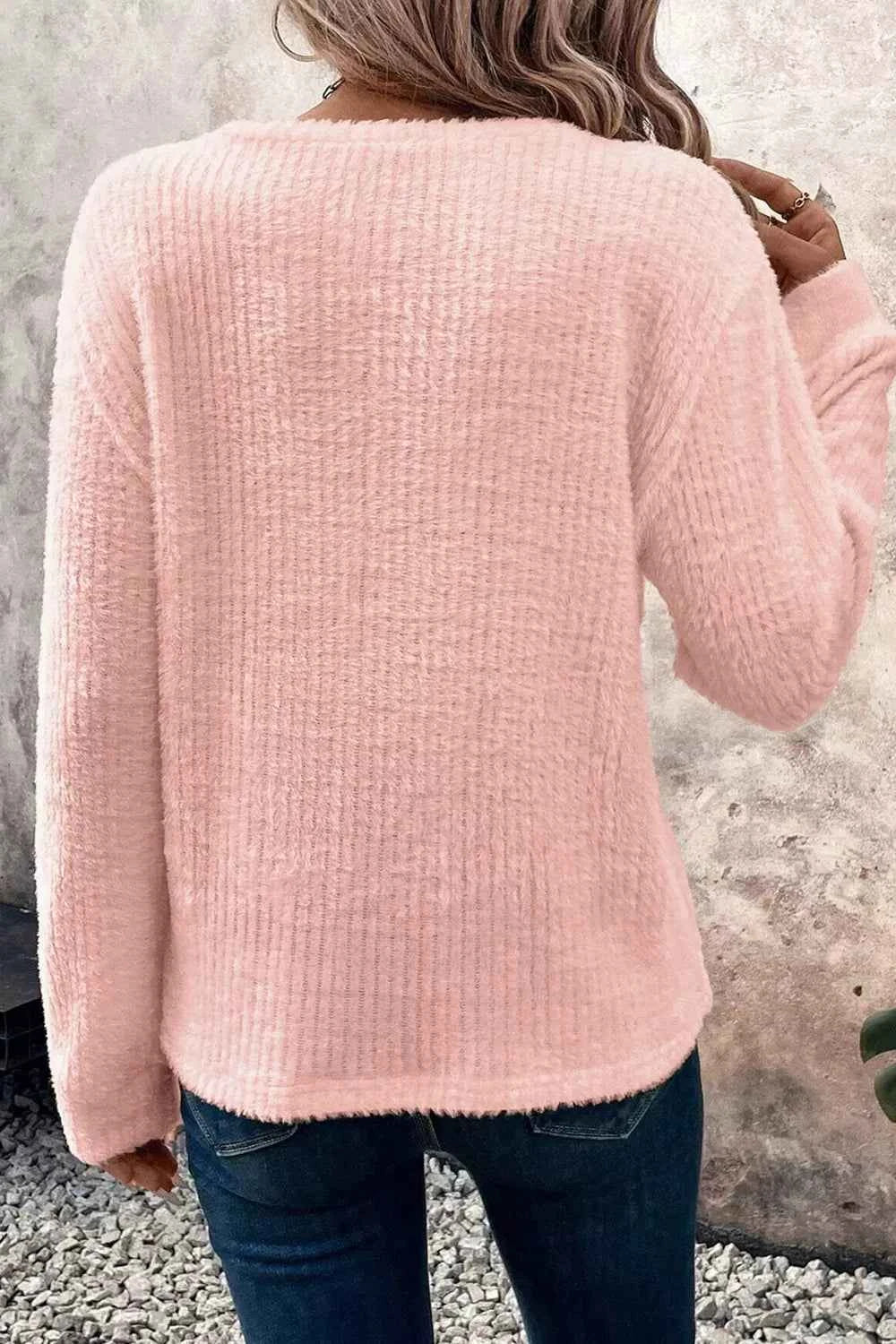 Fuzzy Ribbed Texture Round Neck Long Sleeve Top 7b168f71-e9c8-4c64-bd60-8e0550d68d35-Max-Origin
